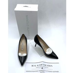 MANOLO BLAHNIK Women's 7/37 Black Leather Pointy toe Pump Shoes w/COA